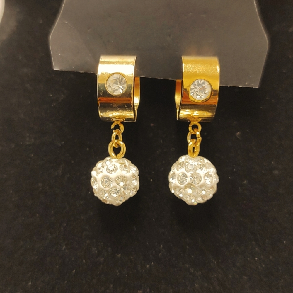 Disco Ball Titanium Globe Dangling earrings with Cubic Zirconia in Gold tone